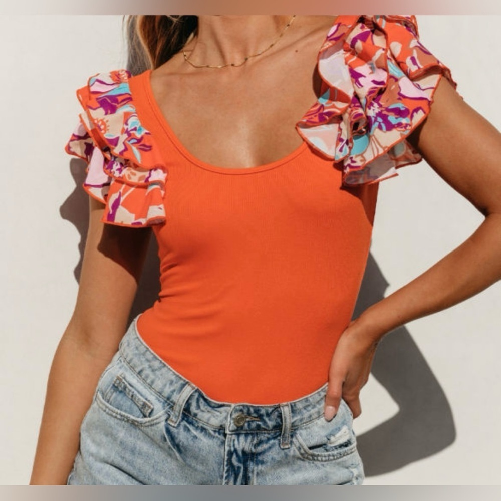 Vibrant Orange Ruffle Sleeve Top - Picture 6 of 16